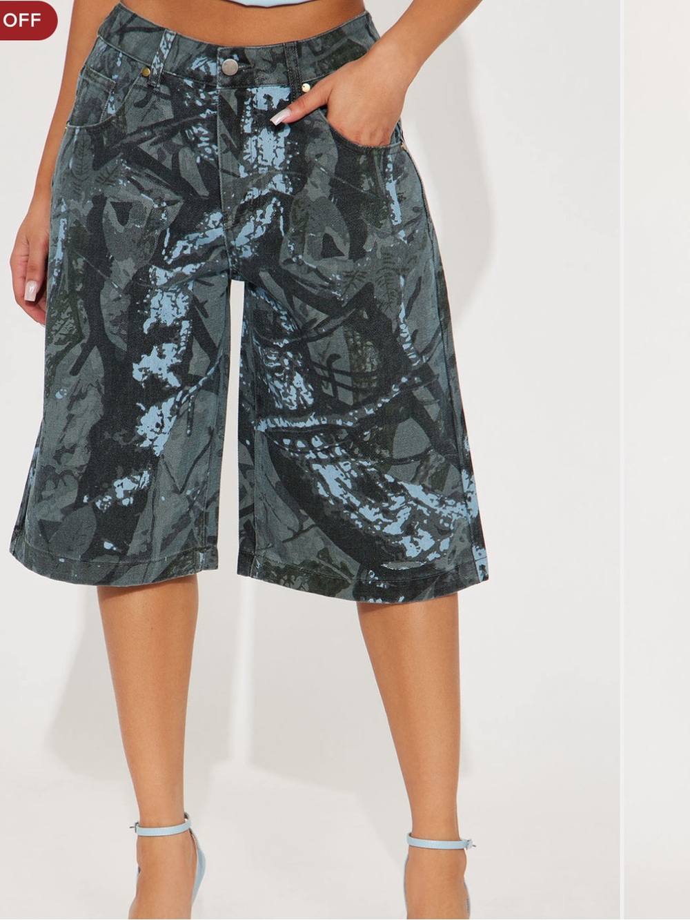 Fashion Nova Blue & Black Abstract Denim Bermuda Shorts